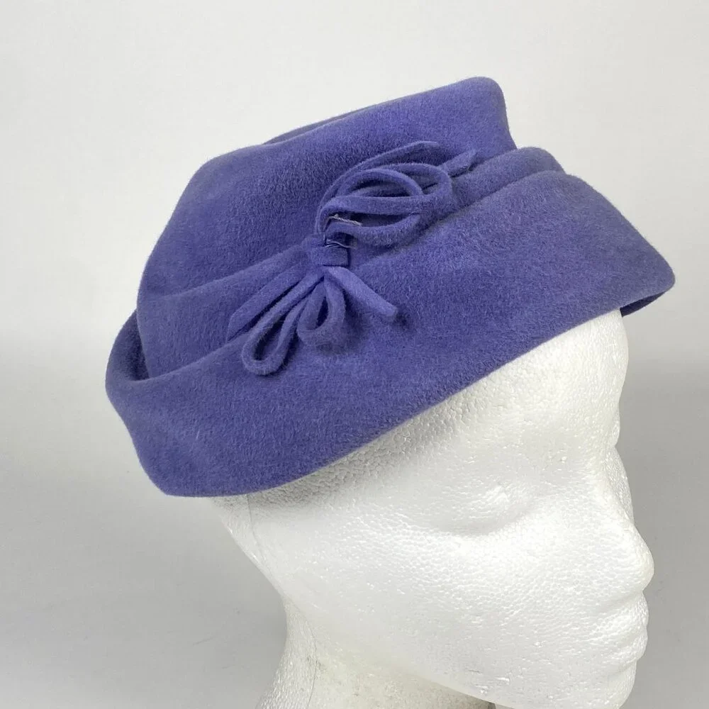Vintage Adele Claire Purple Wool Ladies Hat Sculptural Bow Detail Church Derby